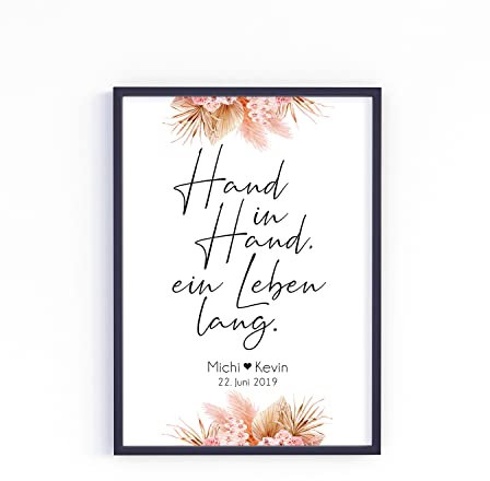 Hand in Hand Poster personalisiert mit Namen und Datum A4 A3 A2 als Geschenke zur Hochzeit Hochzeitsgeschenk (Pampasgras)