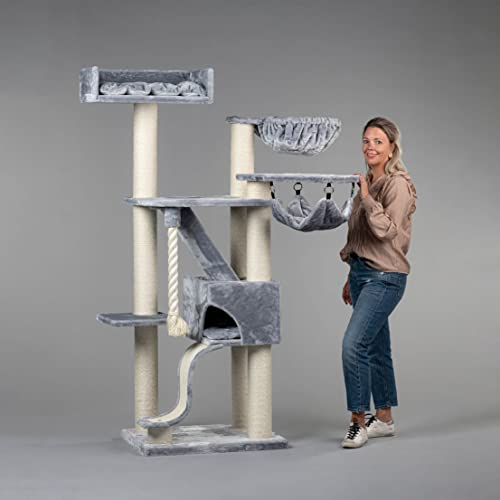 RHRQuality Cat Tree for Large Cats - Kilimanjaro Deluxe Crown – 195 cm High – With 12 cm Sisal Posts & Luxury Lying Area – Light Gray