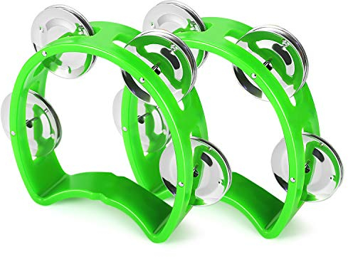 Flexzion Tamburin Handglocke Percussion Musikinstrumente (Grün, 2 Stück), Kunststoff Musikinstrument Halbmond Mini D Handheld Shaker, Jingle Bells