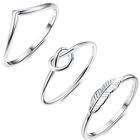 Krfy 3-stück 925 Sterling Silber Ringe: Knöchelringe, Liebesknoten, Feder, Zierliche Ringe - Stapelbar, Weißgold plattiert, Größe 54 (17.2), Unisex, Feierliche Anlässe