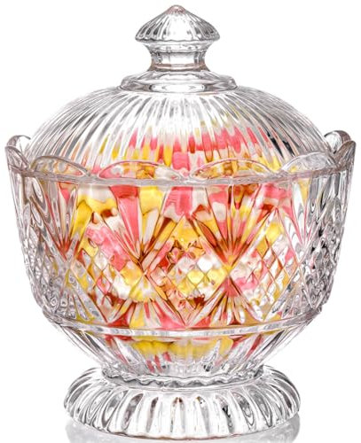 Lyellfe Glass Candy Dish with Lid, 40 Oz Large Clear Covered Candy Bowl, Decorative Embossed Cookie Food Storage Container Jar for Candy Buffet, Office Desk, Home Kitchen, Lead-free