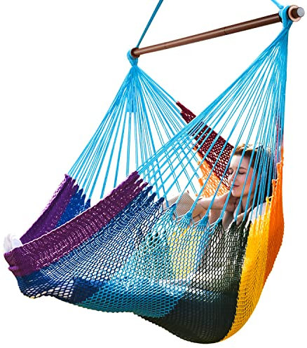 Bathonly Großer Hängesessel mit Metall-Spreizstange, bis 150 kg belastbar, Karibik Hängeschaukel, XL Handgewebt Hängestuhl für Indoor und Outdoor, Wohnzimmer, Terrasse, Garten, Balkon (Regenbogen)