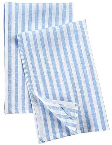 Solino Home Küchentücher aus Leinen, Himmelblau und Weiß, 2er-Set, 100 % reines Leinen, 43,2 x 66 cm, Amalfi-Streifen, Geschirrtücher mit Aufhängeschlaufe, europäisches Flachs, schnell trocknend und