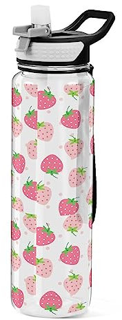 Mnsruu Strawberry Pink Polka Dot Water Bottle 1L with Straw, Leakproof BPA Free Tritan Drink Bottle, Sport Water Bottle for Men Women Kids