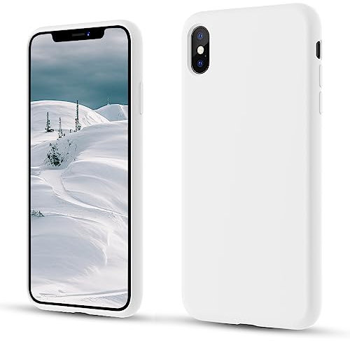 CALOOP Slim-Fit for iPhone X Case,iPhone XS Case,Skin Soft Liquid Silicone,Sturdy Shockproof Hard Frame Cover with Anti-Scratch Microfiber Lining,Robust Full Protection for Screen(White)