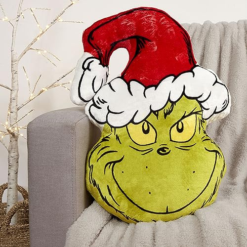 Coco Moon The Grinch Head Plüsch-Kissen | Festliche Weihnachten Dekokissen für Bett, Bettkissen, Sofakissen, Lesekissen, Wohnaccessoires
