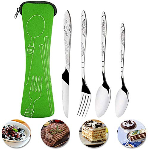 Geschirr-Set, Tragbar, Bequemer Griff, 4-teilig, Edelstahl-Besteck-Set, Schneider, Gabel, Löffel, Glatte Kanten für Zuhause (Blau)