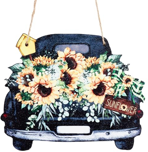 CREATCABIN Panneau Bienvenue pour Porte D'Entrée,Porche en Bois,Voiture Noire,Tournesol,Décoration Murale Rustique à Suspendre,Panneaux Bienvenue avec Ficelle Jute,pour Maison,Extérieur 15.5x20cm