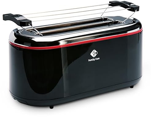 Family Care Grille-Pain à Fentes Longues 1300W – 2 Longues Tranches de Pain, 3 Fonctions, Support pour Viennoiseries, 7 Niveaux de Brunissage, Corps en Acier Inoxydable