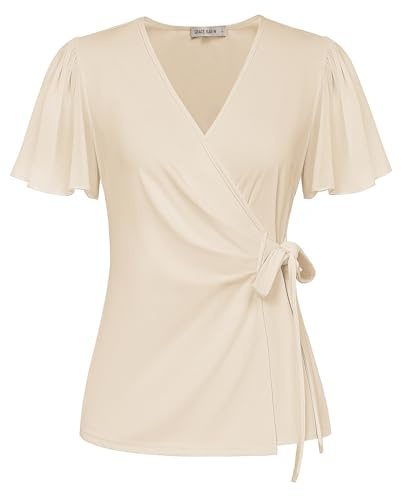 GRACE KARIN Women's Tops Ruffle Short Sleeve V-Neck Tie Wrap Tunic Tops Casual Loose Summer Blouses for Ladies