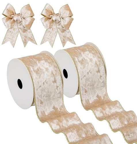 Hollyone 2PCS Champagnergold Samtband 6.3cm x 10yds, Vintage Weihnachtsband für Geschenkverpackungen, breites Geschenkband für Weihnachtsdekoration, Kranzschleifen Dekoration Handwerk Hochzeit