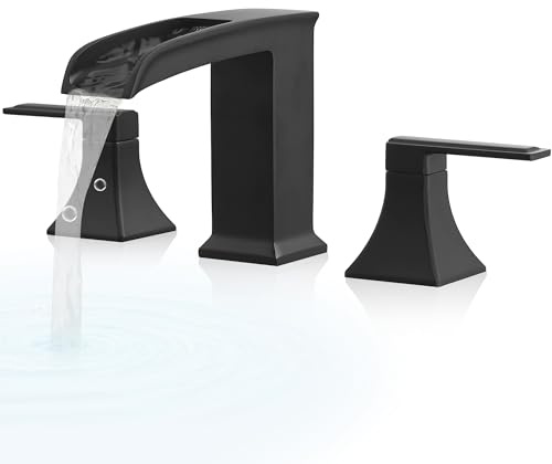 HEYMYTAP Brass High Flow Roman Bathtub Faucet Black Tub Faucet, Waterfall Bath Tub Faucet Set 3 Hole, Widespread Bathtub Faucets Deck Mount Bath Tub Faucets with 2 Knob, Pre-Installed Water Hose