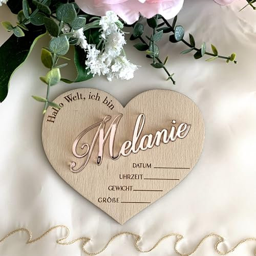 Personalisierte Herz mit Name, Hallo Welt, Holz Herz Zeichen, Babygeschenk Geburt, Geburtsanzeige Baby-Ankündigung Schild, Geschenk zur Geburt, Neugeborenen Holz Schild, Deko Kinderzimmer (Design 6)