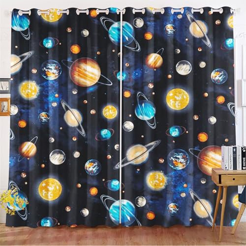 Fadaing Universum Planet Verdunkelungsvorhänge Weltraum Sternenklar Vorhänge Mit Ösen Weltraumuniversums Blickdicht Gardine Für Kinder Und Jugen (5,100x140cm(BxH)/ 50x140cmx2)