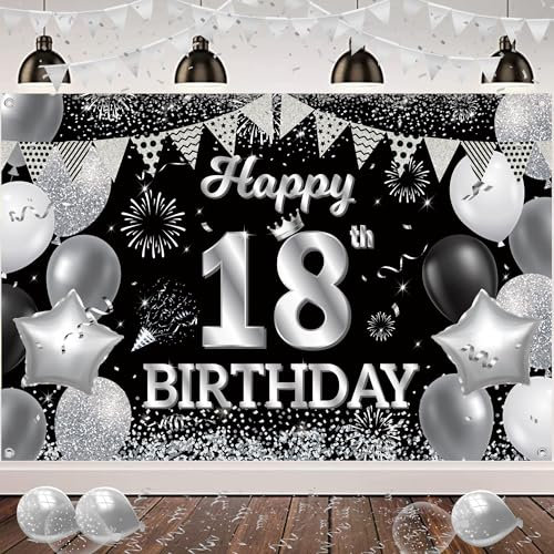 Schwarz Silberner 18. Geburtstag Hintergrund - Deko für Junge & Mädchen, drinnen & draußen