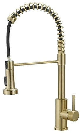 GENBONS Robinet de cuisine, or brossé, haute pression à arc élevé, avec douchette à tirer, mitigeur d'évier, pivotant à 360°, deux fonctions de pulvérisation