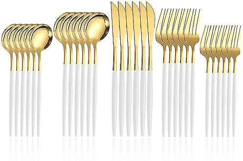 30 Pieces Cutlery Set, Stainless Steel Flatware Silverware Set with Spoon, Knives and Fork, Kitchen Cutlery Set for 6, Dishwasher Safe, Easy Clean, Mirror Polished (White & Gold)