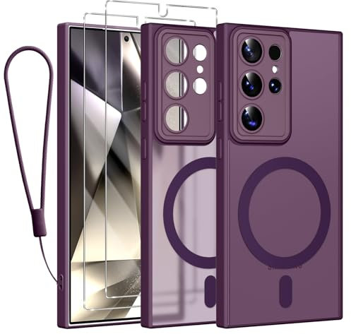 Phoona Magnética Funda con Cordón para Samsung Galaxy S24 Ultra 5G 6,8 con 2 Vidrio Templado y Protección de Cámara, Compatible con MagSafe, Carcasa Translúcida Mate Trasera Antigolpes, Púrpura