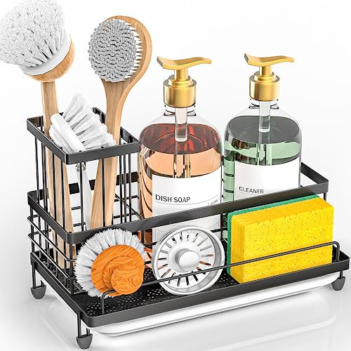 KEMDH Sink Caddy Kitchen Sink Organiser - Kitchen Sponge Holder with Removable Drip Tray and Brush Rack.Made of Rust Proof Coated Sink Tidy, Kitchen Storage Rack for Countertop Use-Anti-Slip, Black