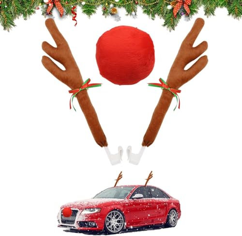 Rentiergeweih Auto, Rentier Deko Auto, Weihnachtsdeko Auto Rentier Rentier Autokostüm Reindeer, Weihnachtsdeko Auto Dekorationen Elch Geweih Kit Für Auto, SUV, Van, LKW, Fenster, Dach Und Frontgrill