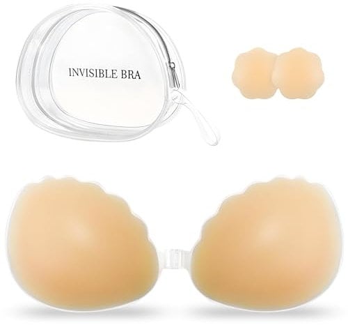 AWXUOCK Invisible Strapless Bras Reusable Stick Skin-Friendly Sticky Push Up Bra Adhesive Bra for Party, Bar, Wedding, Beach, Backless Bra for Women (UK, Cup & Band, C, Nude)
