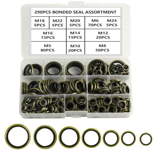 290 Pcs Bonded Seal Oil Washers Kit, for Dowty Washers, Bonded Seals Sump Plug Washer, Metal/Rubber Drain Plug Gaskets, Metal Rubber Sealing Rings, Engine Oil Crush Washerss