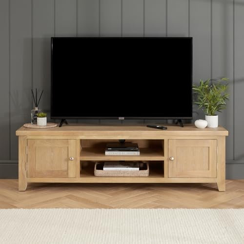 Cheshire Whitewash Oak Extra Large TV Unit | Fits TVs up to 80” | Solid Oak Entertainment Stand | 2 Cupboards + Shelves | Shaker Style | Fully Assembled | Whitewashed Finish | H 510 x W 1750 x D 430mm