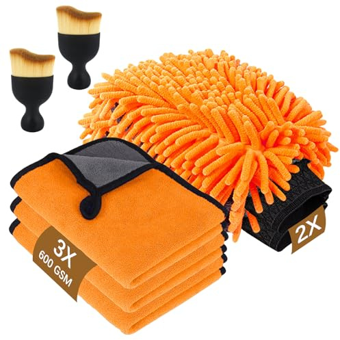 Geebymol 7 Pcs Car Washing Kit with 3pc Microfibre Cleaning Cloth, 600GSM | 2 Microfiber Wash Mitts, 2 Dusting Brushes, Dual-Sided Ultra Soft Drying Towels and Gloves for Car Care, Polishing, Drying