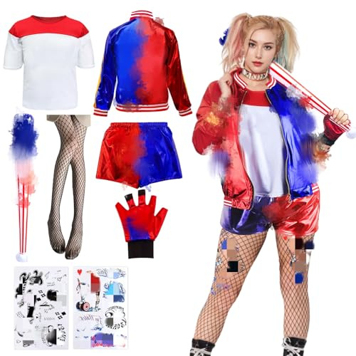 Costumes for Women Halloween- Villain Fancy Dress Harley Costume Outfit Ladies Carnival Cosplay Costume Kit with Jacket, T-Shirt, Shorts, Gloves, Tattoo Baseball Bat Theme Party for Adults Girls M