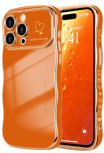 LCHULLE for iPhone 15 Pro Case Cute for Women Girls Wavy, Orange | Luxury Plating Curly Wave Shape Frame with Love Heart Pattern, Raised Camera Protection Back Cover Shockproof Phone Case