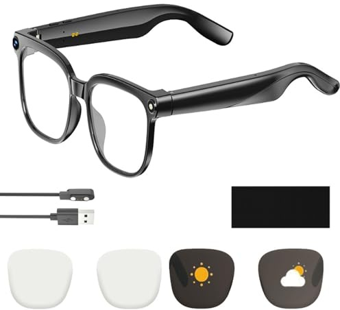 Smart AI Glasses with 8MP POV 1080P Camera, Bluetooth Dual Microphone, Real-Time Translator & Manual Meeting Transcription, Blue Light & Photochromic UV Protection for Outdoor Travel Daily Office Use