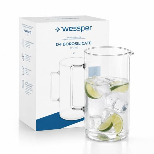 Wessper Jarra de Agua de Cristal 2 L Borosilicato con Asa y Pico Vertedor | Jarra de Cristal para Agua Zumo Té Frío Café Cold Brew Leche Limonada Transparente con Asa y Pico Vertedor