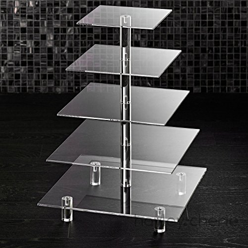 5 Tier Acrylic Cupcake Stand, Extra Thick 5mm Base, Large Cupcake Tower, Multi Tiered Cake Stand Square Clear Holder for Dessert Table Display, Weddings, Birthday Party, Graduation, Pastry, Donut Tree