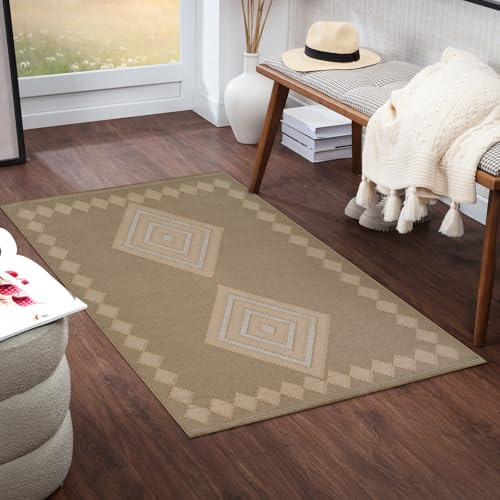 Livabliss Joppolo Machine Washable Rug - Modern Geometric Runner Rugs Living Room, 79x152 cm - Traditional Boho Style, Dining Room, Kitchen, Outdoor, Hallway - Tan, Beige and Cream