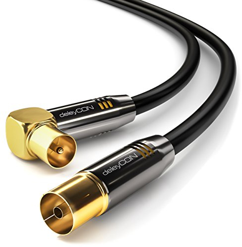 deleyCON 1m Cable de Antena de TV Cable Coaxial 1x Enchufe de TV 90° en Ángulo para Toma de TV Recta - TV HDTV Radio DVB-T2 Full HD Tapón de Metal - Negro