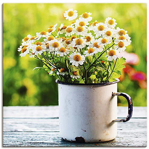 ARTLAND Wanddeko Leinwand Bilder Wandbild 70x70 cm Botanik Blumen Gänseblümchen Fotografie Grün Frühlingsgarten mit Gänseblümchen T4UE