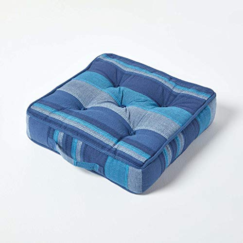 HOMESCAPES Morocco Striped 100% Cotton Floor Cushion Blue 40 x 40 x 8 cm Square Indoor Garden Dining Chair Booster Seat Pad Cushion