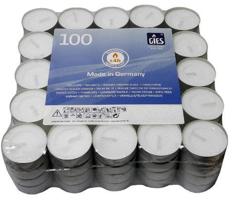 100 Gies Premium - Teelichter, mit 20 % Stearinanteil, 4 Std. Brenndauer, im Flatpack, Weiß, Gastronomie Teelichter, Gies Kerzen