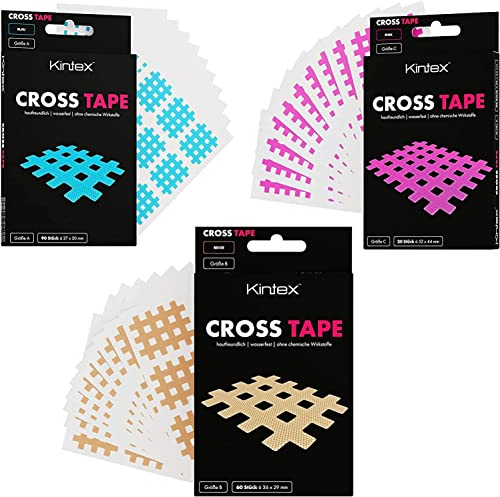 Kintex Cross Tape - selbstklebendes, hautfreundliches, wasserfestes Kinesiologie-Tape - Gittertape für Schmerz- und Trigger-Punkte - 60 Stück - Blau - 36 x 29 mm