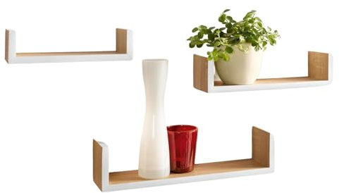 Dekoleidenschaft 3X Wandregal aus Holz, Natur furniert/weiß, Regalset, Bücherregal, Dekoregal, Wandboard in U-Form, Regalboard, Holzregal für Wohnzimmer, Küche, Schlafzimmer, Hängeregal