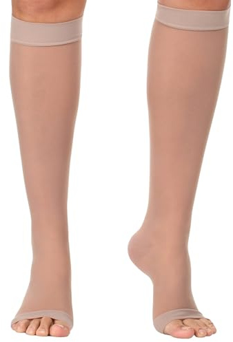 Made in USA - Sheer Compression Socks for Women 20-30mmHg with Open Toe - Toeless Graduated Support Knee High Stockings for Varicose Veins Circulation, Lymphedema, DVT - Beige, Large - A215