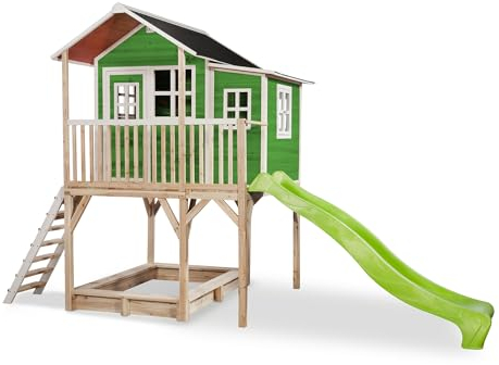 EXIT Toys Loft 750 Holzspielhaus für Draußen mit Anbau, Sandkasten & Rutsche - Wasserdichtes Gartenhaus für Kinder - Einfache Montage - 100% FSC Zedernholz - 444x190x269cm - Grün