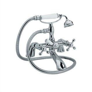 Deck Mounted Victorian Style Bathroom Bath Shower Mixer & Handset Kit Shower Mixer Filler Tap with Handheld Shower & Hose Attachment Traditional Dual Cross Handle Bathroom Mixer Taps - Chrome Plated