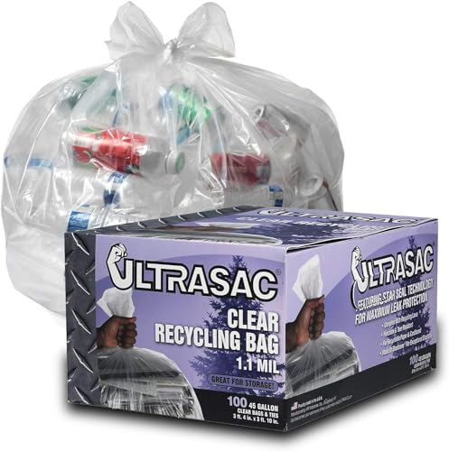 Ultrasac Heavy Duty 45 Gallon Garbage Bags (Huge 100 Pack w/Ties) - 40 x 46 - Industrial Quality Clear Trash Bags for Paper, Plastic, Cans, Bottles, Newspaper, Grass, Lawn (Packaging may vary)