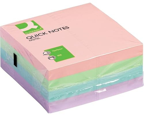 Q Connect Quick Notes. Repositionable notes in 400 sheet cubes, ideal for use in the office or home and will stick to most surfaces. Size 75mmx75mm (3x3ins). Colour - Assorted Pastel Colours.