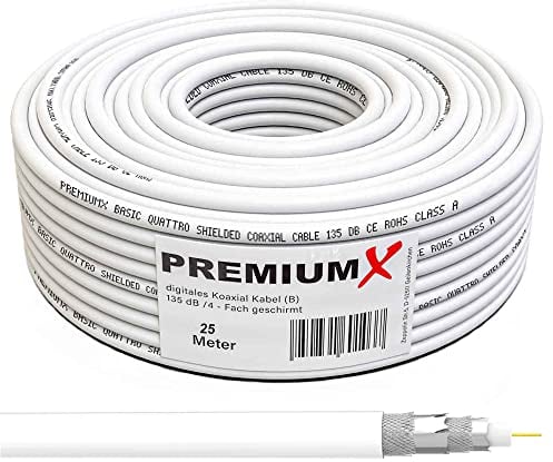 Premium X 25m BASIC Koaxialkabel 135dB 4-fach geschirmt CCS Kupfer-Stahl Koaxkabel Antennenkabel RG6 Digital SAT Kabel