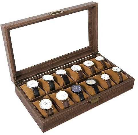 Uten Porta Orologi a 12 Scomparti, Scatola per Orologi con Cuscinetti Rimovibili, Venatura del Legno Pelle PU, Fibbia in Metallo, Interno Marrone, Scatola Portagioielli per Orologi Uomo e Donna