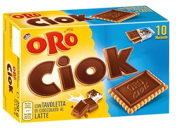 Oro Ciok, Biscotto con Tavoletta di Cioccolato al Latte, Merenda Semplice e Golosa, Fonte Naturale di Fibre, Senza Coloranti e Conservanti, 250g (10 monoporzioni da 25g)