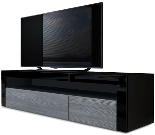 Vladon Lowboard Valencia, Made in Germany, TV-Kommode mit 1 offenem Fach und 2 Klappen, Schwarz matt/Avola-Anthrazit/Schwarz Hochglanz (155 x 46 x 40 cm)