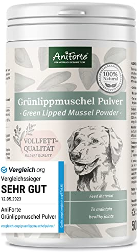 AniForte Grünlippmuschelpulver Hund 500g VERGLEICHSSIEGER 2023 - Naturprodukt für Gelenke & Gelenkfunktion, Grünlippmuschel Pulver Hund in Vollfettqualität mit hoher Akzeptanz